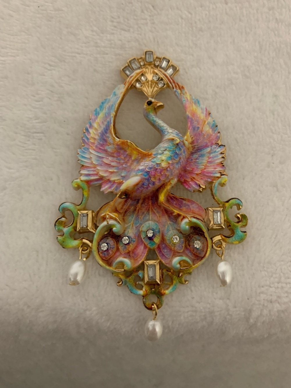 Multicolor Enamel Phoenix Pendant Brooch with Pearl Drops